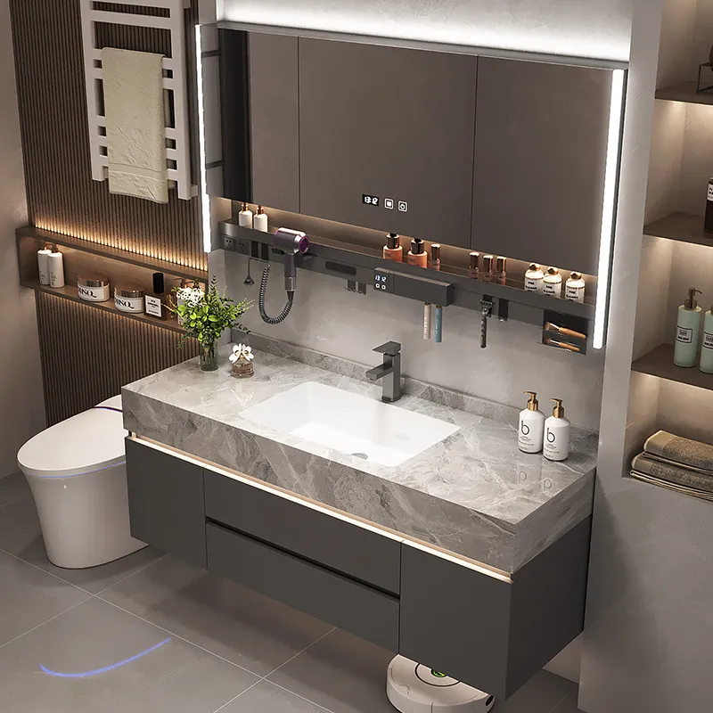 

Rock slab seamless integrated ceramic basin bathroom cabinet simple light luxury toilet washbasin cabinet combination bathroom