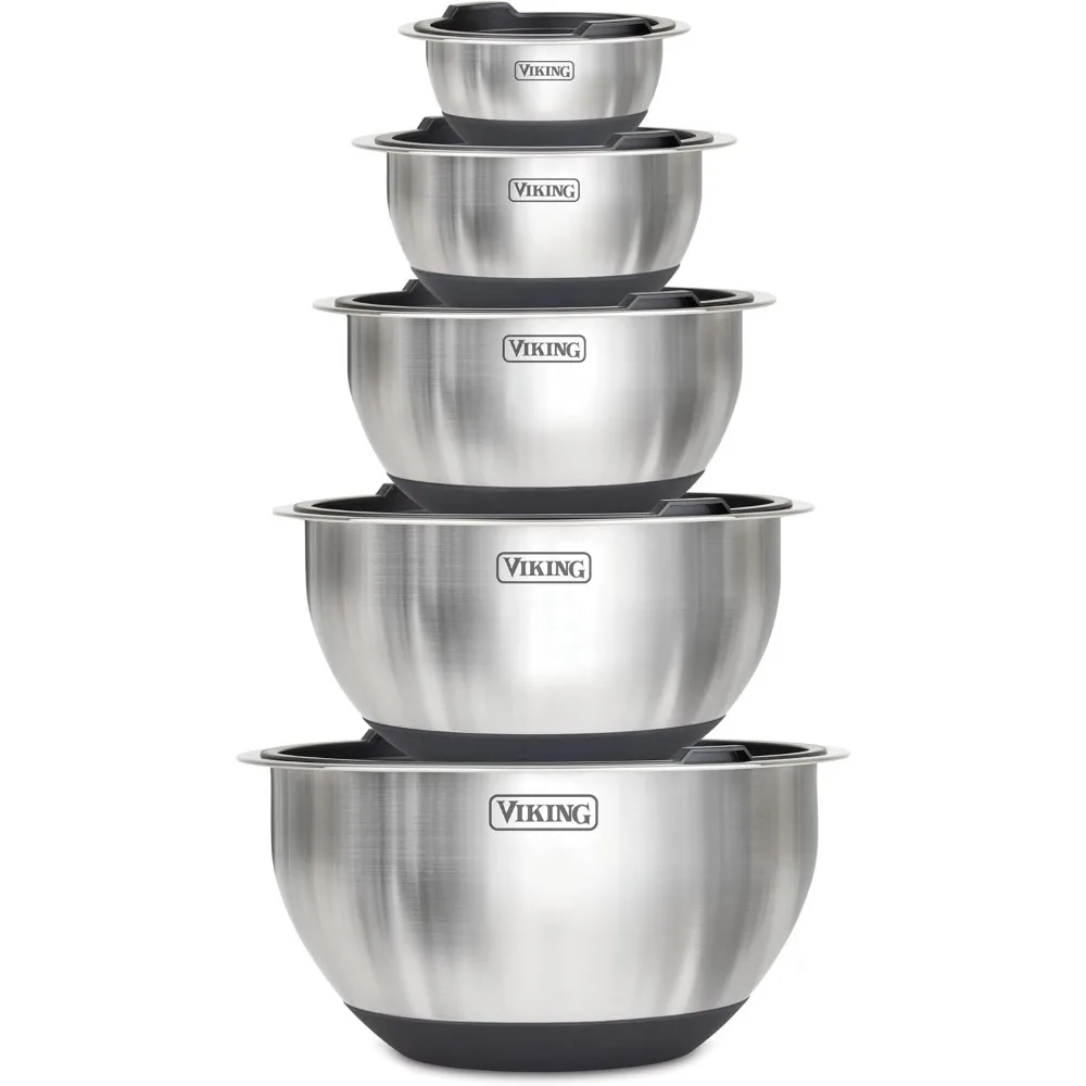 

10-Piece Stainless Steel Mixing Bowls Set with Non-Slip Silicone Base, Tight Lids, Dishwasher Safe, Black