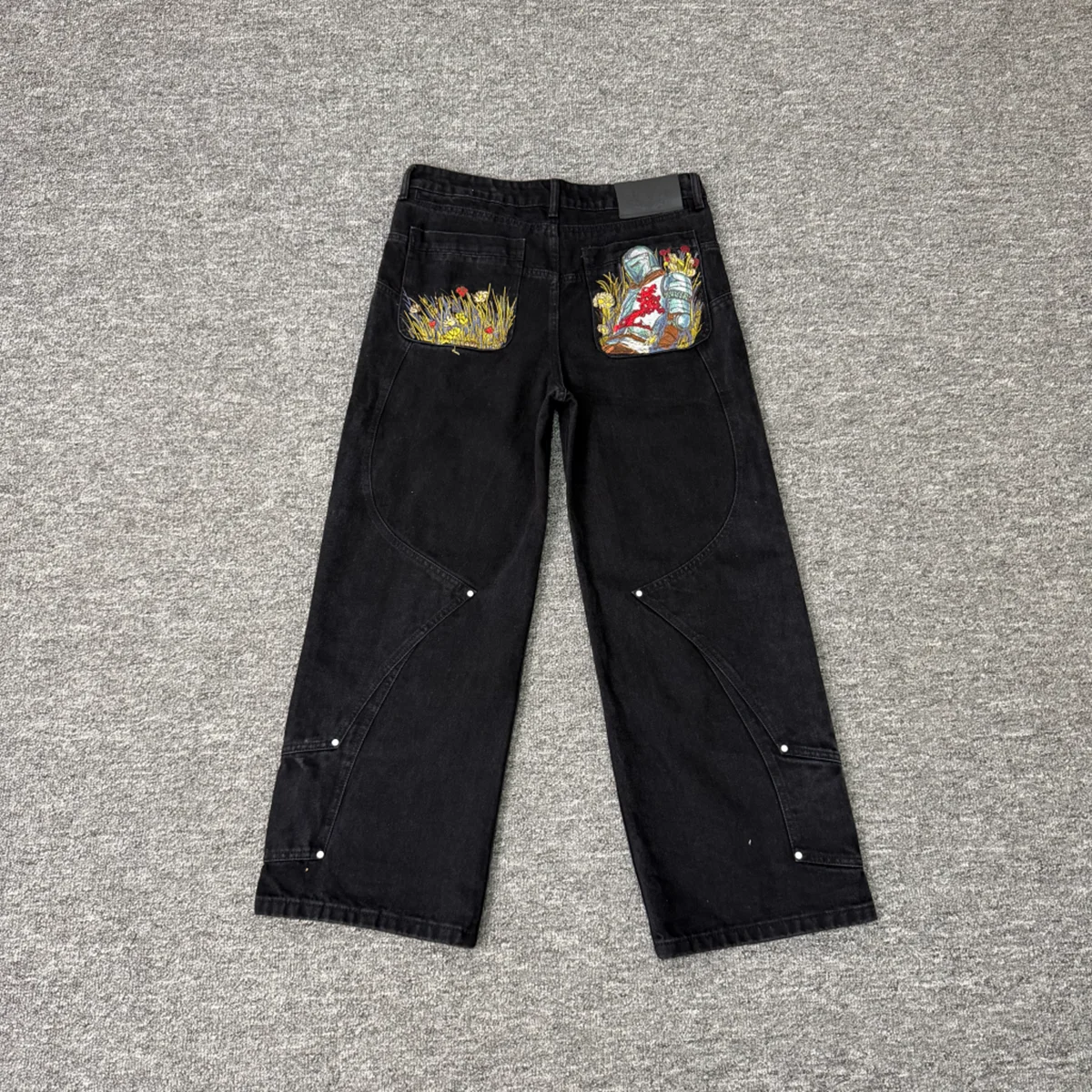 Streetwear Floral Embroidery Washed Baggy Jeans Pants for Men and Women Straight Casual Loose Denim Trousers Oversized