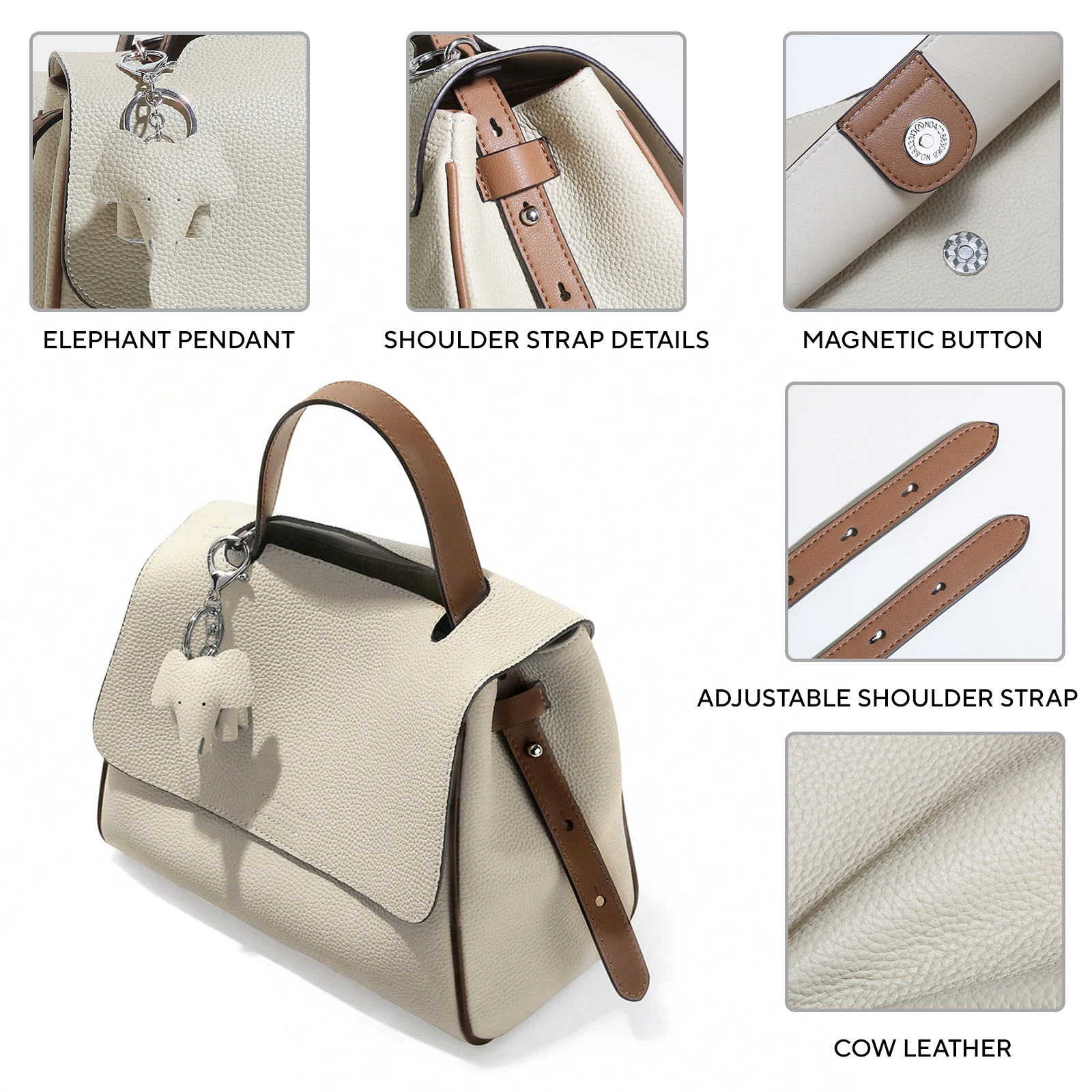 ITAMOOD Genuine Leather Women\'s Shoulder Bag Adjustable Strap Multi-Pocket Large Capacity Commuting Crossbody Bag with Pendant
