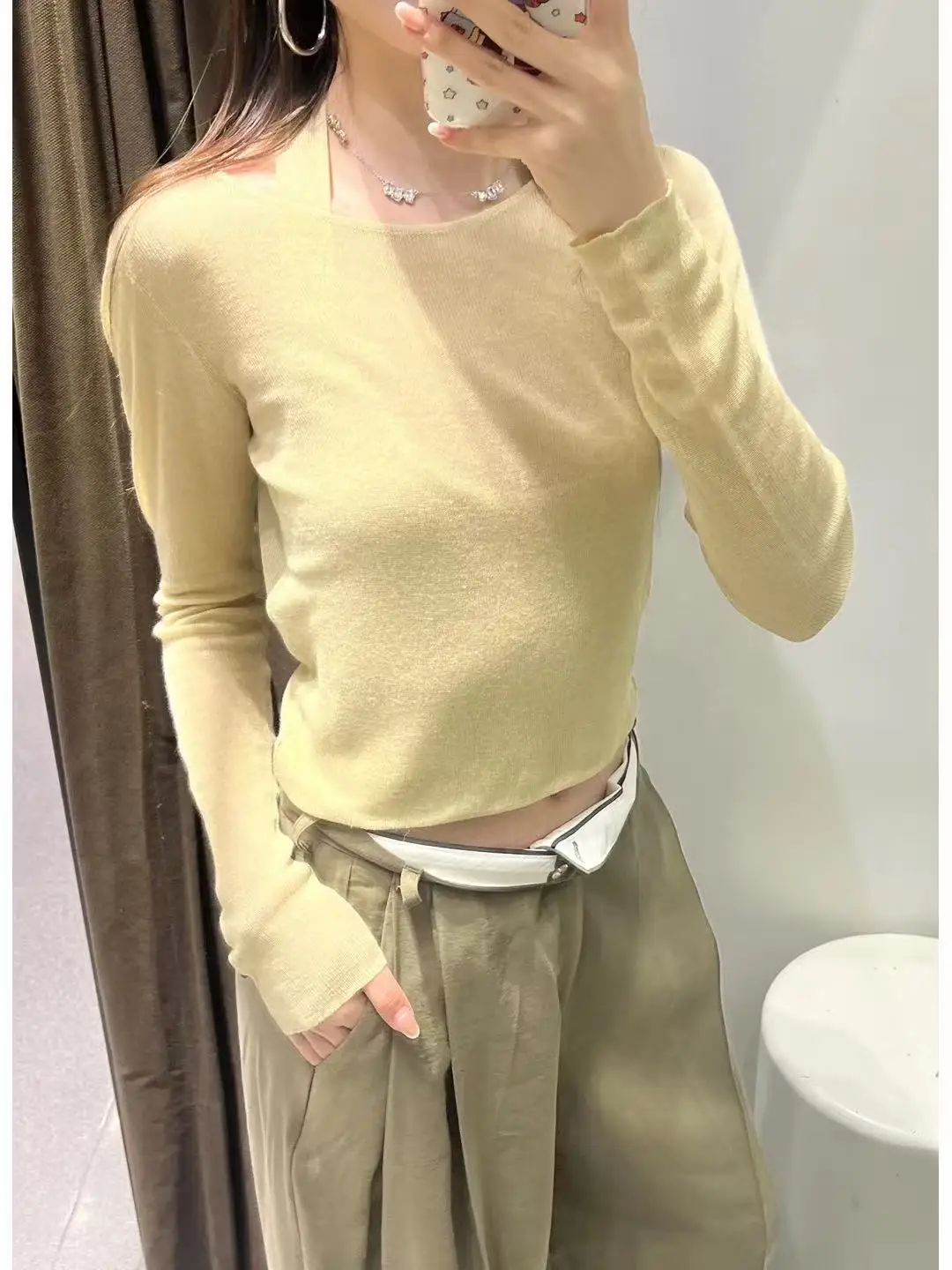 Słodki, długi, okrągły dekolt, dzianinowy top, jednolity kolor, modny, damski, nowość na jesień 2025, włókno poliestrowe, luźny krój.