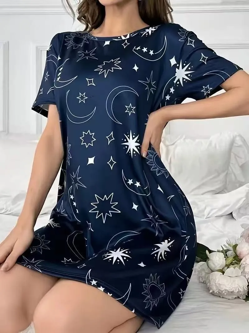 Women's Nightgown Summer Short Sleeve Sleep Shirt Round Neck T-shirt Dress Soft Nightdress Home Clothes Sleepwear & Loungewear image 3
