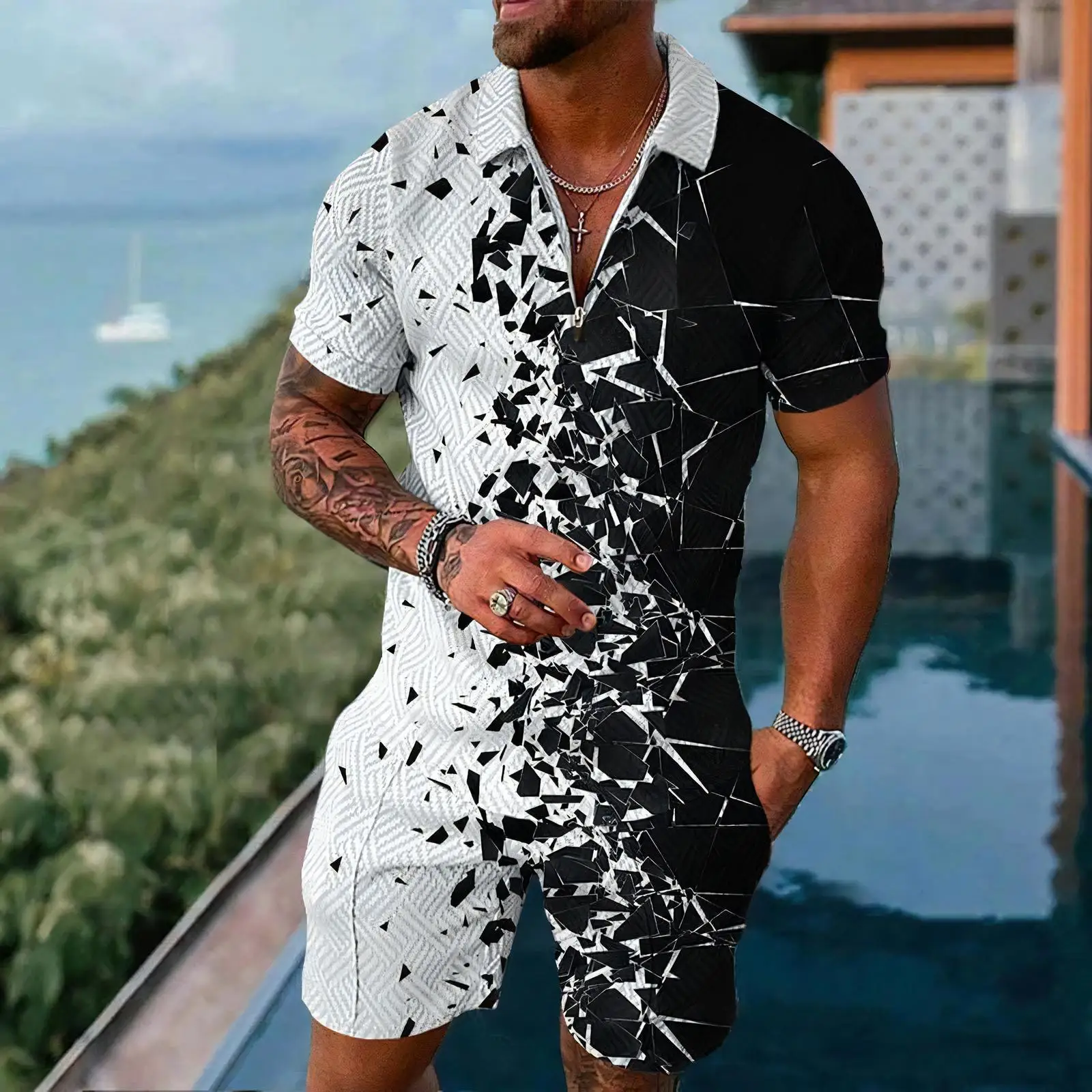 

Men's Fashion short-sleeved suit, men's Luxury Social shirt, Urban Street style, Zipper polo, top, shorts, two-piece Set