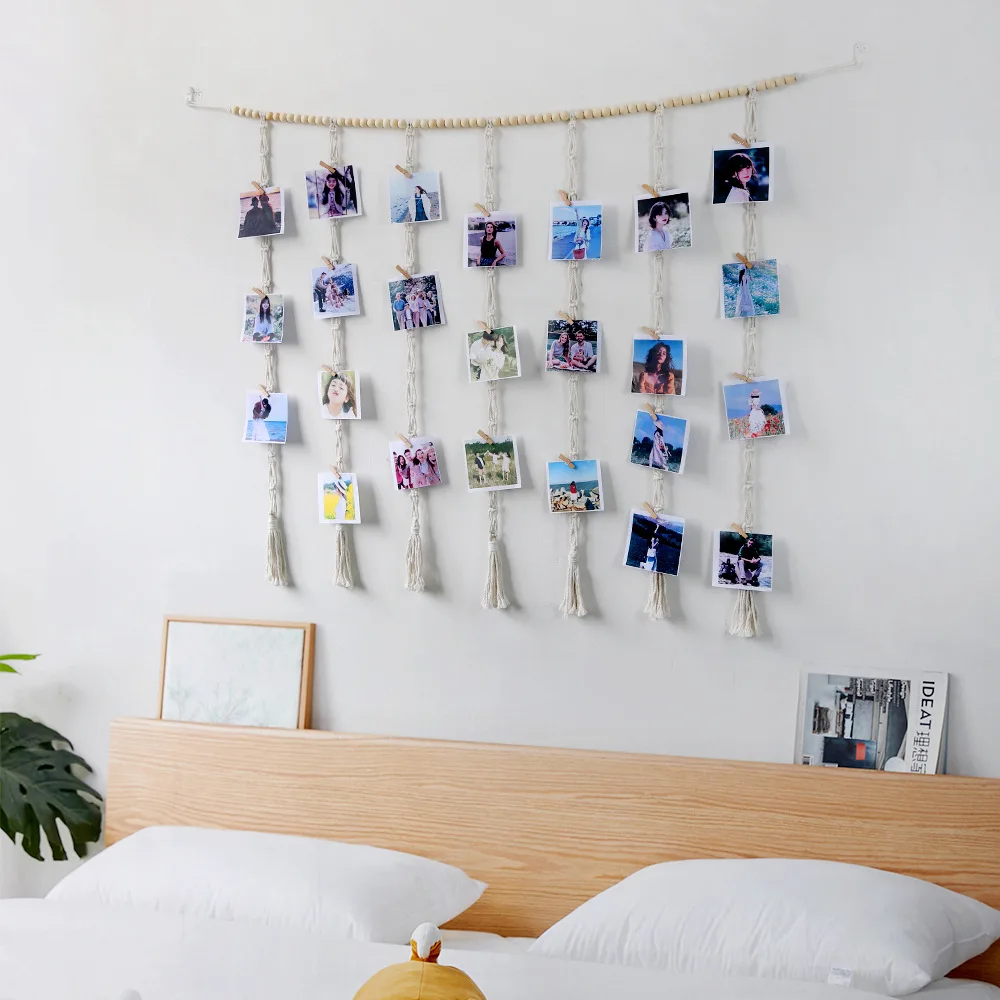 Macrame Hanging Photo Display Wall Decor Boho Wooden Beads Garland Picture Frame Holder with 30 Clips Bedroom Living Room Gifts