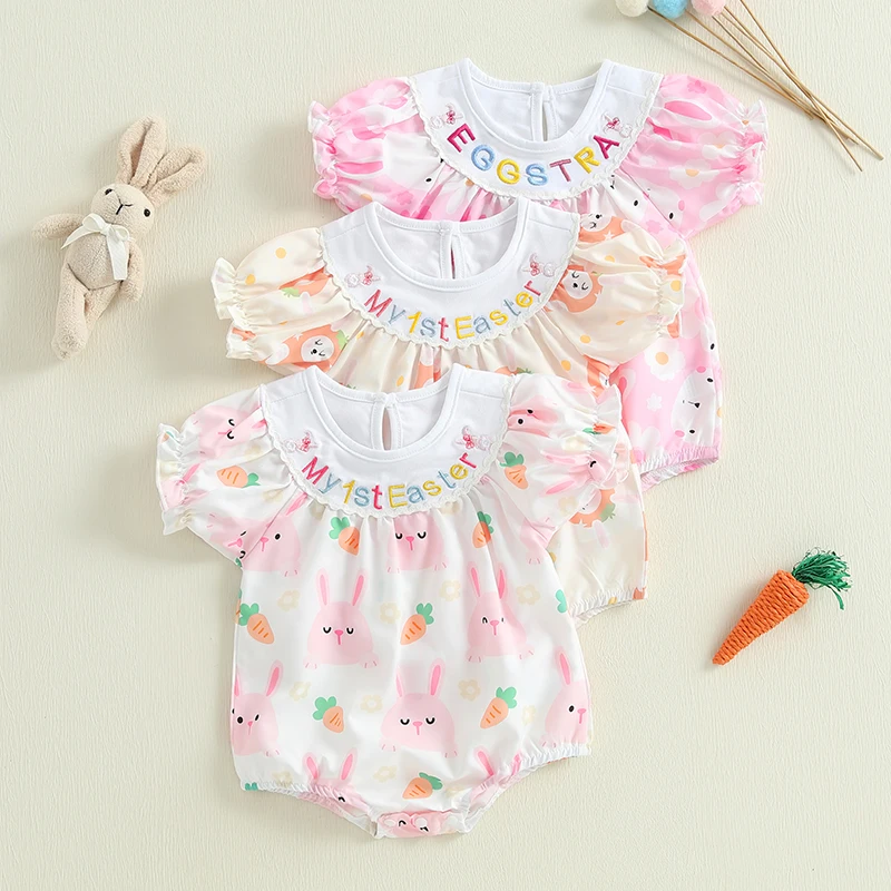

Baby Girl My First Easter Outfit Newborn Bunny Bubble Smocked Romper Bodysuit Toddler Spring Rabbit Infant Clothes