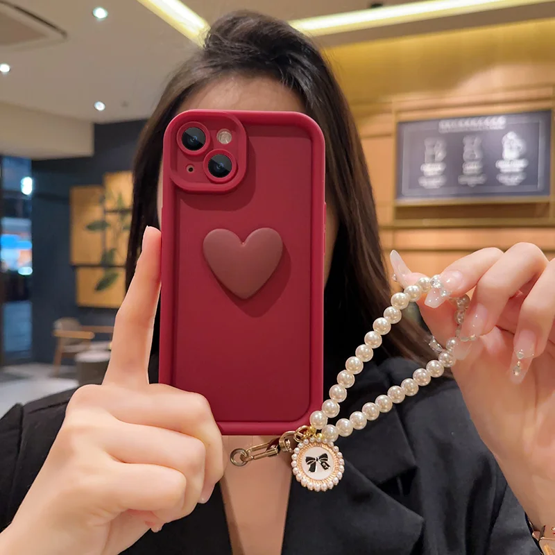 For oppo Reno16Pro Reno15Pro Reno14Pro Reno13Pro Reno12Pro Reno10Pro3D Love Heart Pearls Hand Strap Back Cover