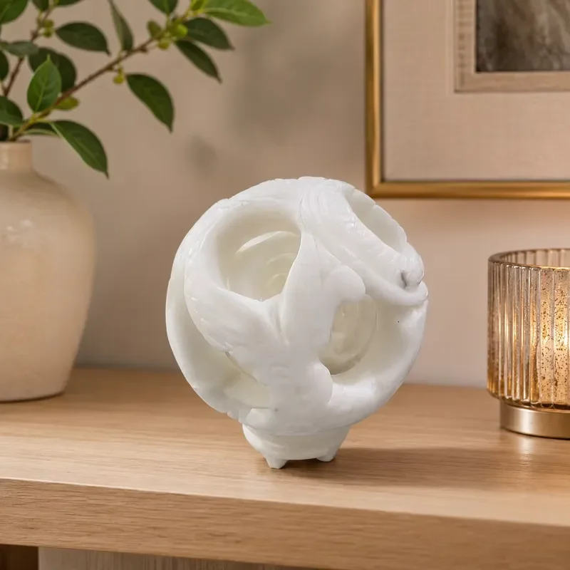 White jade Linglong spherical sculpture natural crystal hollow puzzle sphere hand-carved decorative ornament suitable for