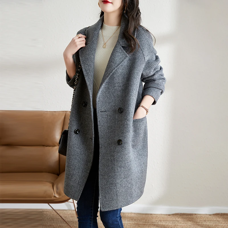 

2026 Autumn Women's Gray Color Loose Plus Size Double Breasted Female Coats Fashion Office Lady Outerwear Wool&Blends Jackets