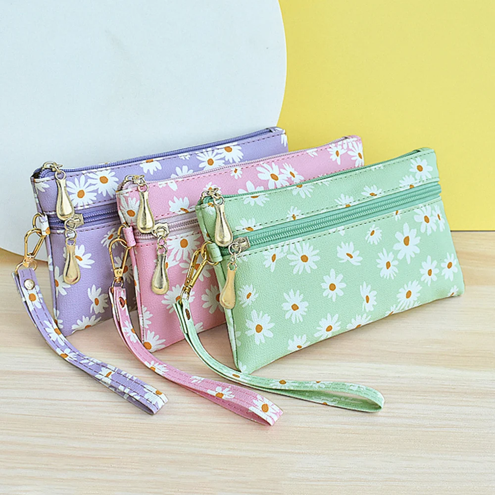 Leather 2 zipper Coin Purse Wallet With Card Slots Daisy Flower Money Bags Change Purses Kids Mini Wallets Leather Key Holder