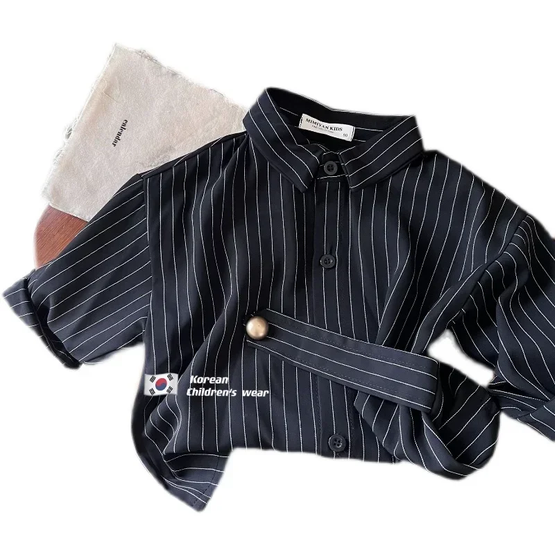 Sweet Mom Children\'s Shirt 2022 Spring New Boys and Girls Personality Striped Shirt Baby Oblique Buckle Thin Coat Fashion