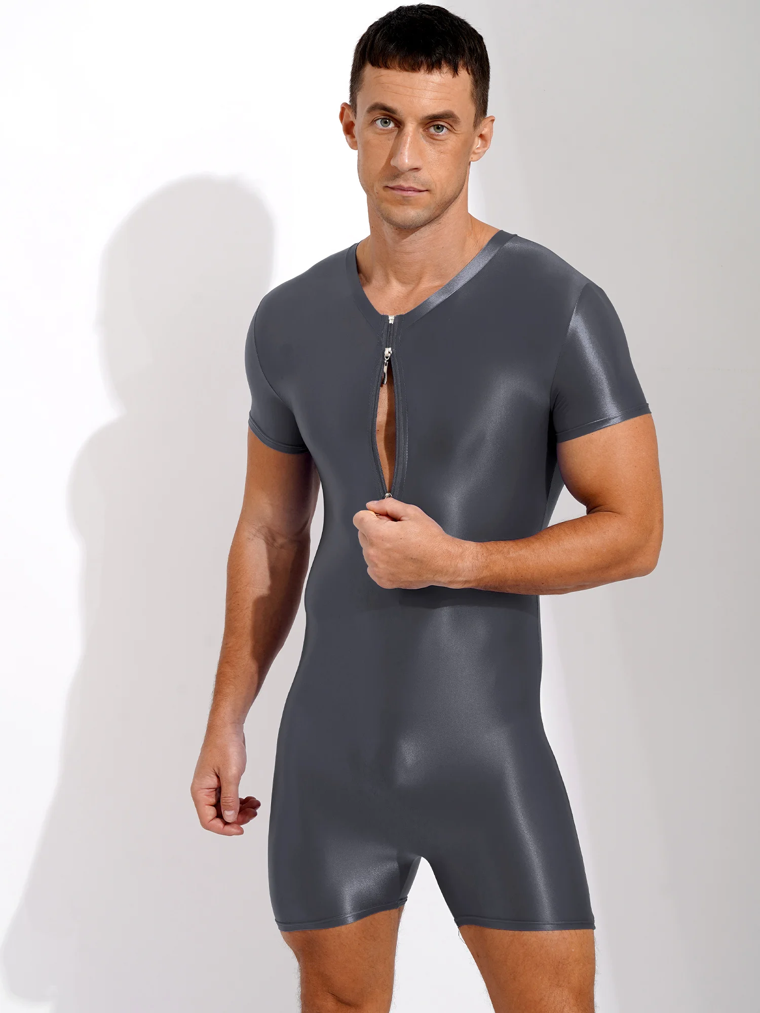 Men One-Piece Swimsuit Glossy Stretchy Bodysuit Wrestling Singlet Shorty Jumpsuit Swimwear Bodybuilding Workout Underpants