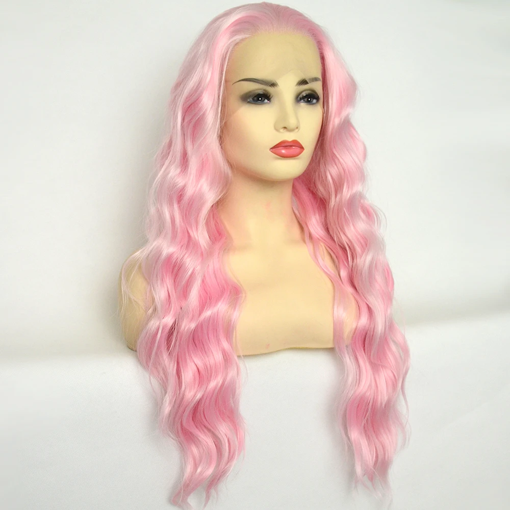 Voguequeen Light Pink Loose Curly Synthetic Lace Front Wig Heat Resistant Fiber Natural Hairline For Women