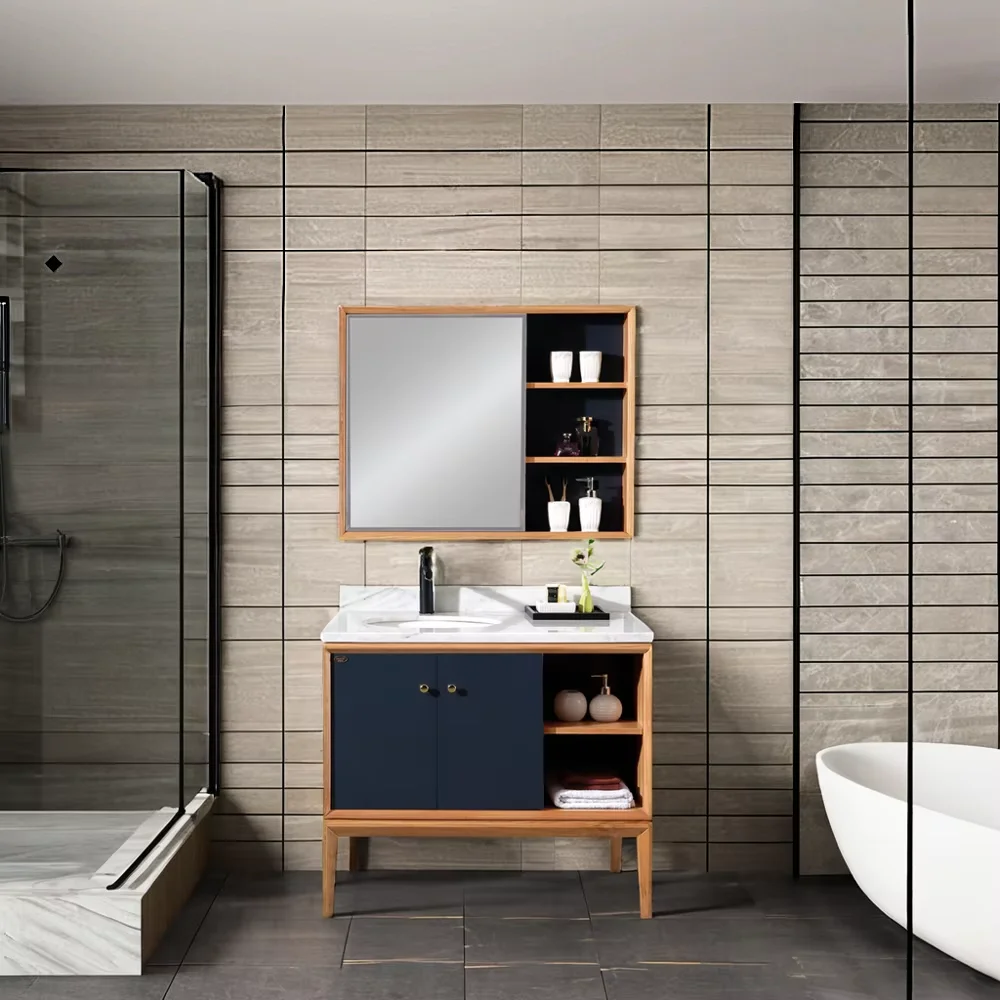 Modern Solid Wood Bathroom Cabinet Lacquered Panel Floor-Mounted Marble Countertop Ceramic Basin For Home Hotel Use For Villas