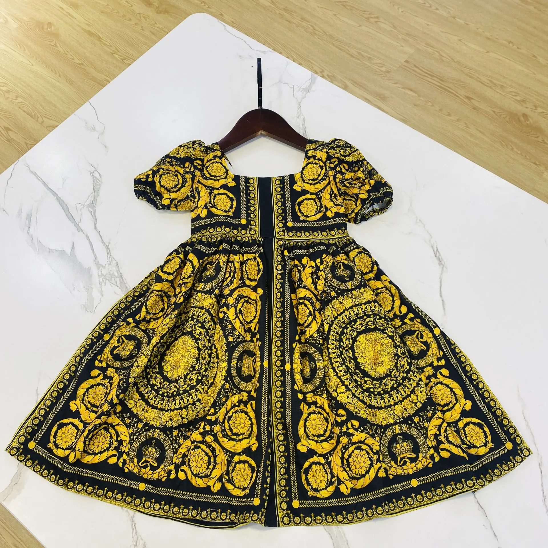 2024 Summer New Children's Dress Retro Pattern Printed dress for Little Girls New Short Sleeve Dress