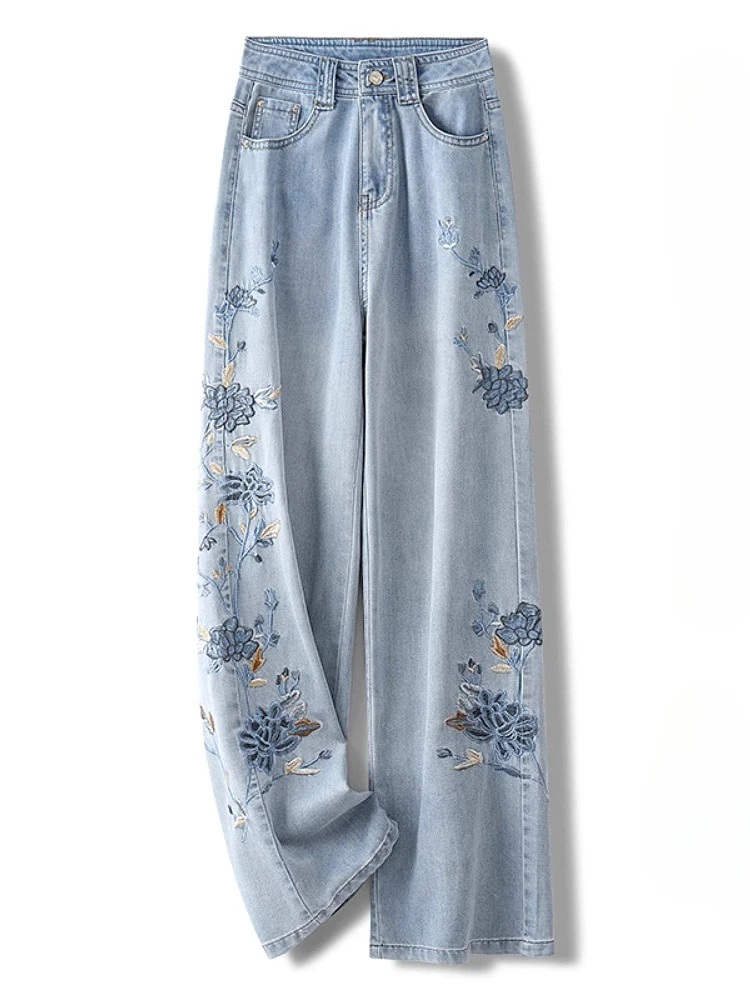 

Chinese Style Jeans Flower Embroidery Design High Waist Pockets Straight Pants Casual Loose All Match Vintage Women's Clothing
