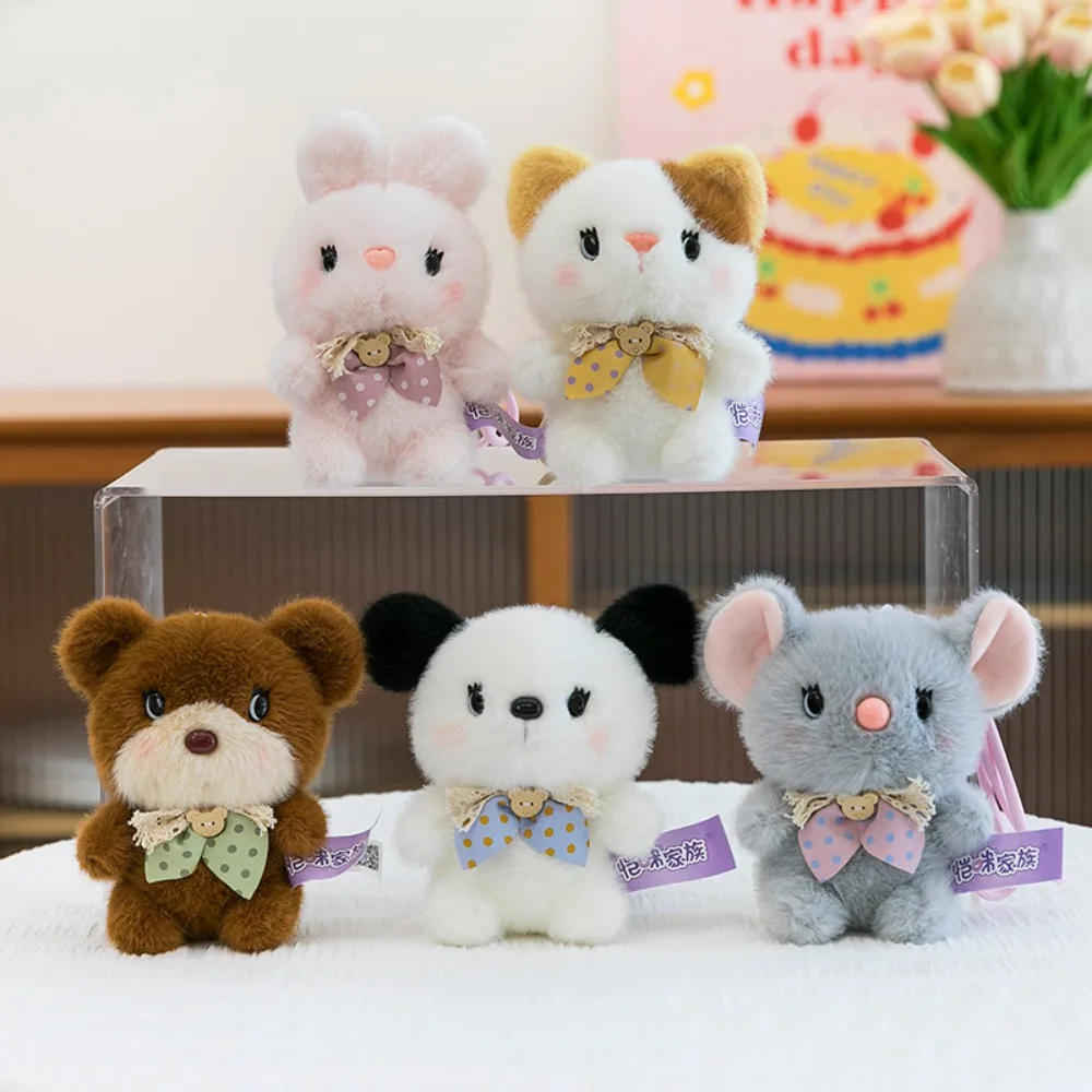 Bonito pequeno urso animal boneca pingente coelho fofo gato brinquedo de pelúcia chaveiro mouse macio cão boneca de pelúcia chaveiro festas de aniversário