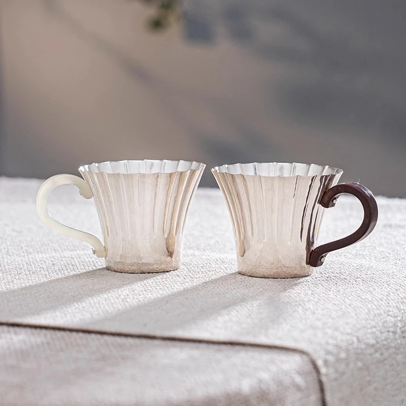 Pure Silver 999 Handmade One Hammer Pattern Silver Cup Tea Cup Household Tea Set Petal Mouth Silver Cup