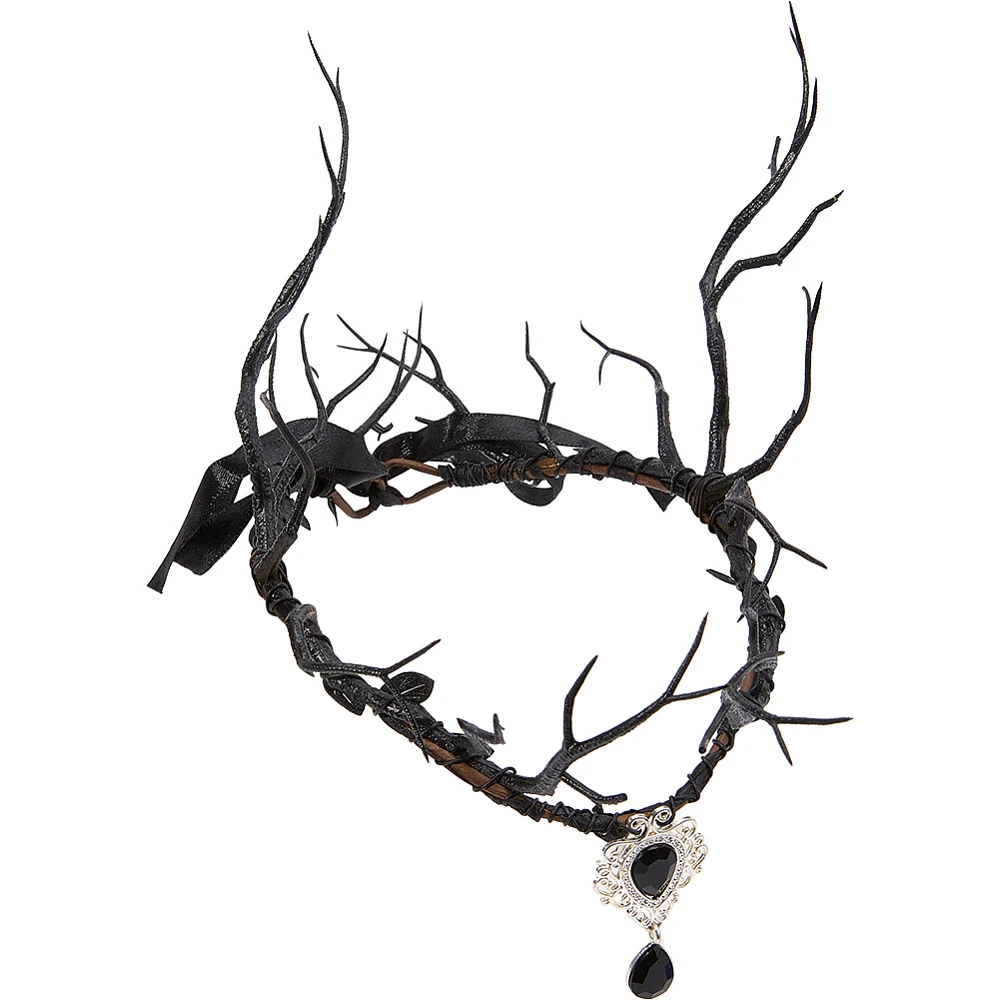 Black Fairy Headpiece Dark Reindeer Woodland Antler Elf with Drop Gothic Forest Costume Headband Circlet Crowns for Women