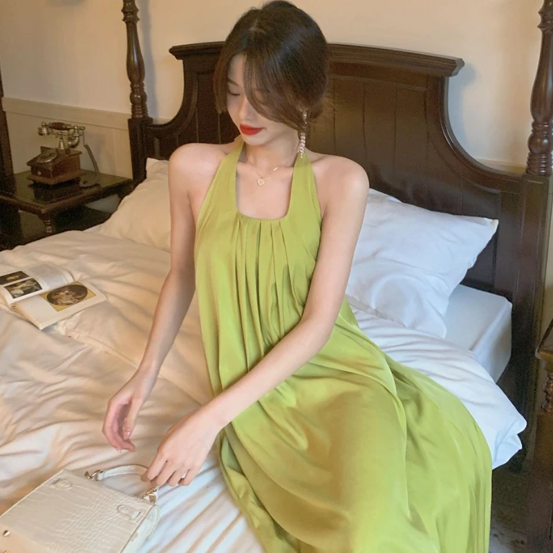 Green Dress Women Ankle Length Loose Elegant Halter Backless Streetwear Beach Style Summer Vacation Vintage Simple Female Daily