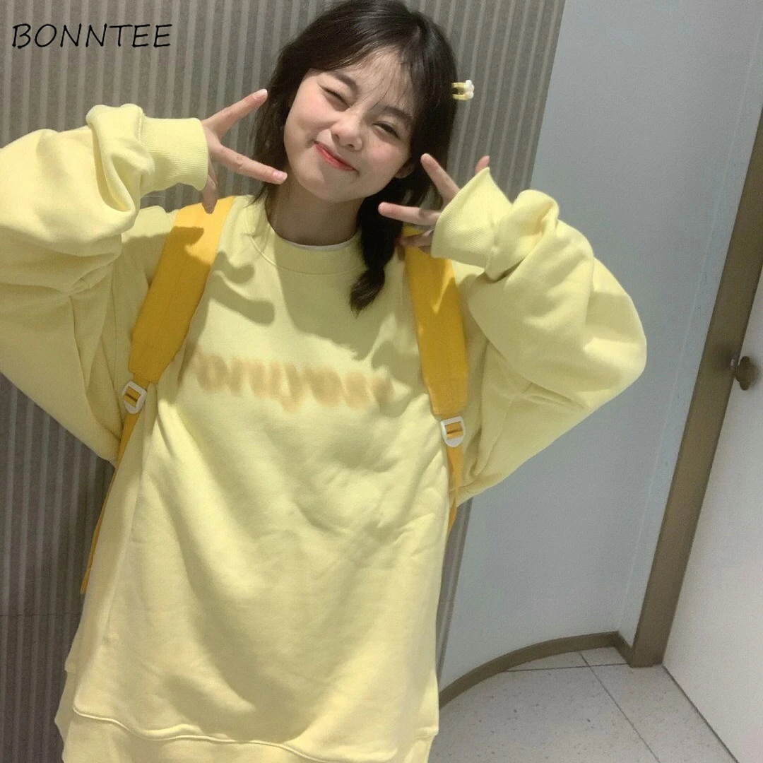 Sweatshirts Women Letter Printing Thicken Plus Velvet Oversize Yellow Age-reducing Korean Style Simple Ulzzang Loose Tops Chic