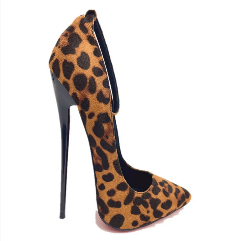 FHC 2024 New Women Pumps,Flock Leopard High Heels Pole Dance Shoes,Fetish Shallow Out,Ankle Buckle,Pointed Toe,Big Size,Dropship