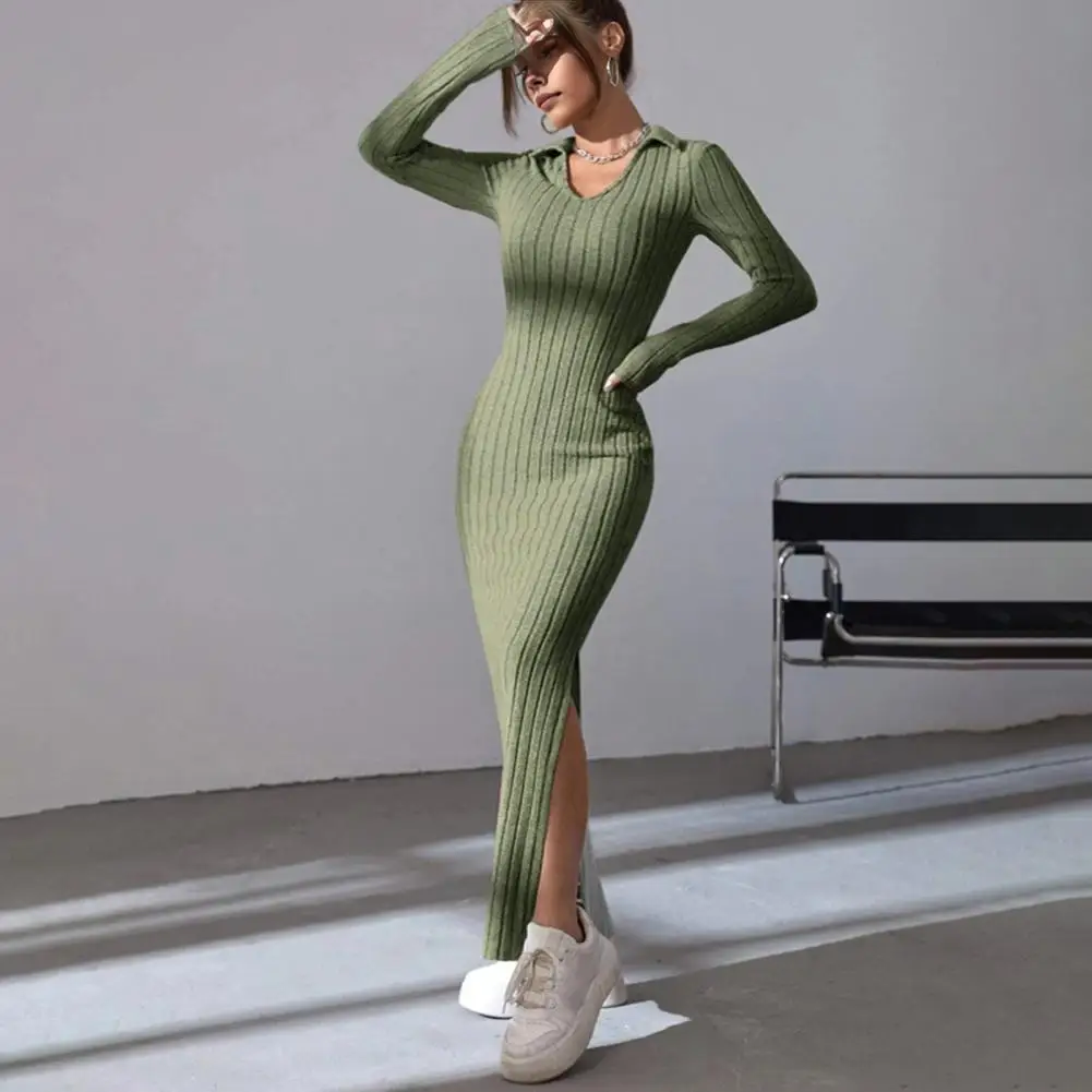 

Women Outfits Elegant V Neck Maxi Dress for Women Slim Fit Knitted Ankle Length Dress with Slit Hem Long Sleeves for Shopping