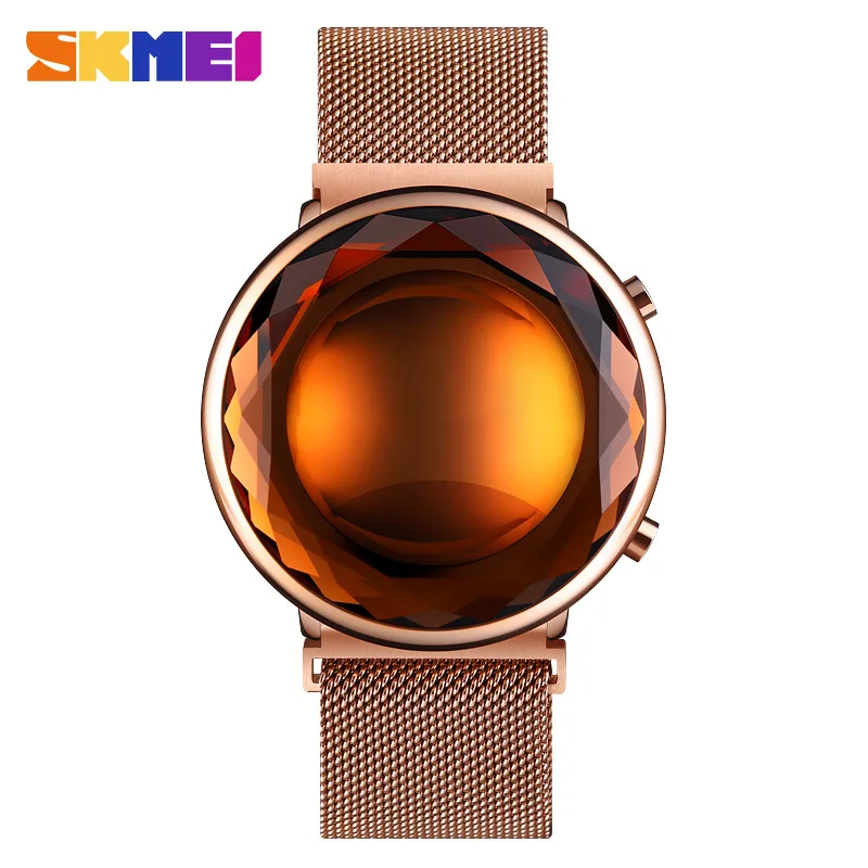 Skmei 크리에이티브 크리스탈 모양의 시계 커버, 절묘한 여성용 시계, 심플 패션, LED 마그네틱 스냅 메쉬 스트랩 시계, 신제품