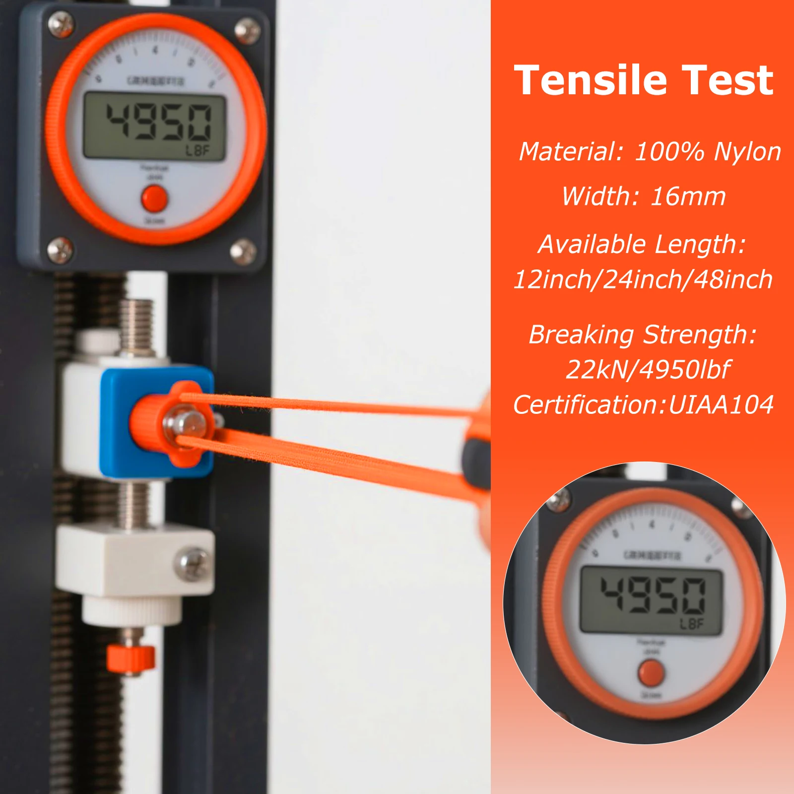 9 km orangefarbener Klettergurt – 16 mm Nylongewebe (12"/24"/48"), 22 kN Stärke für Klettern, Bergsteigen und Anker