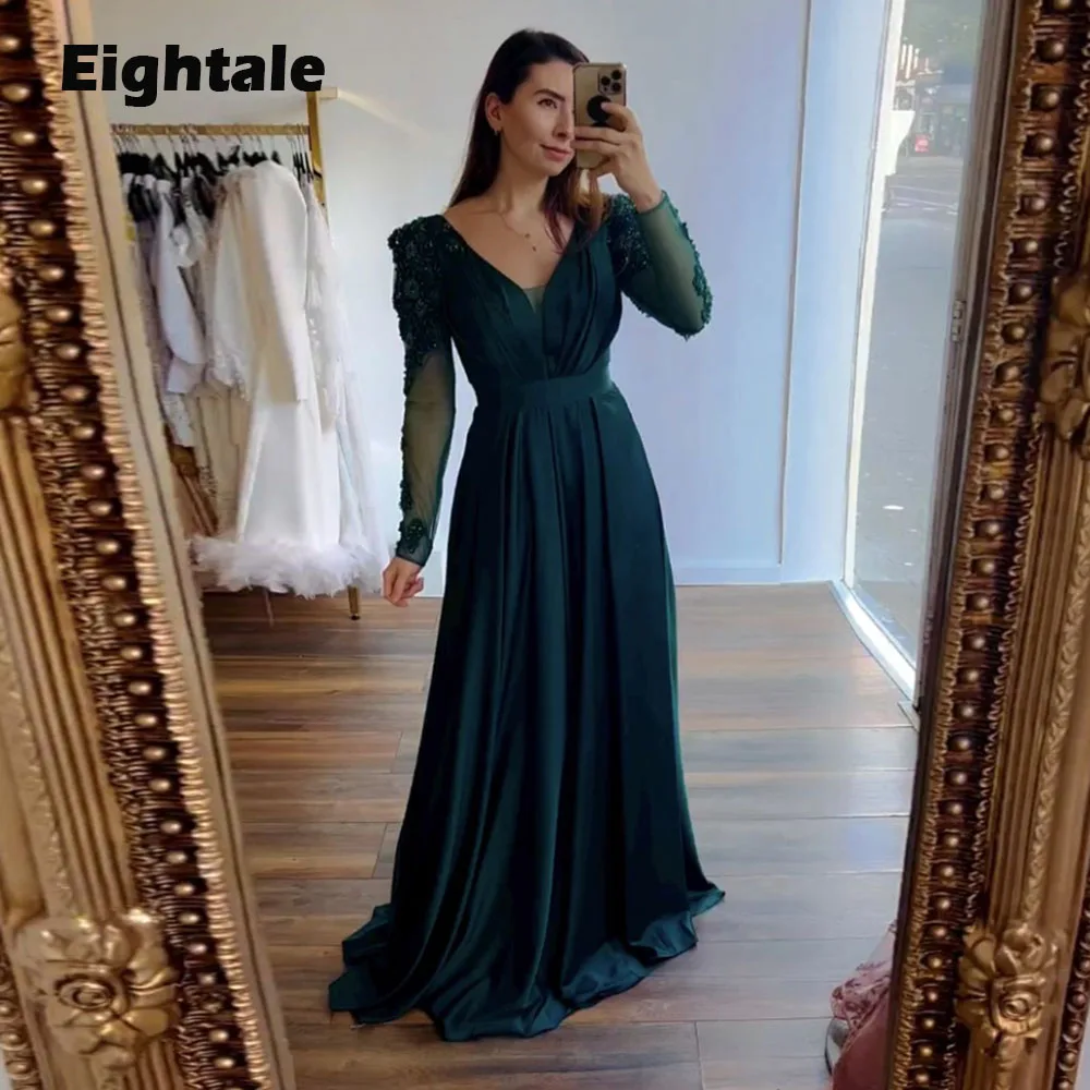 Eightale Formal Occasion Evening Dresses for Wedding Party Satin V-Neck A-Line Green Appliques Beaded Celebrity Prom Gowns