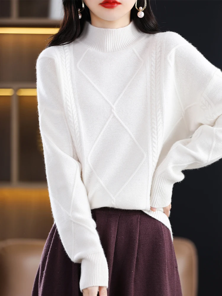 ADDONEE Women Cashmere Sweater Autumn Winter Mock Neck Cable Knit Pullover 100% Merino Wool Knitwear Soft Warm Clothing Korean