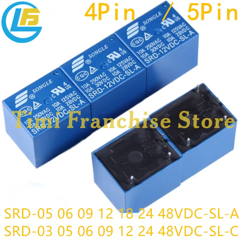 50PCS Power Relay SRD 05 06V 09 12V 18V 24 48VDC-SL-A DC3V 5V 9V 12V 24V 10A 250VAC 5Pin T73  SRD-03V 05 06 09 12 24V 48VDC-SL-C