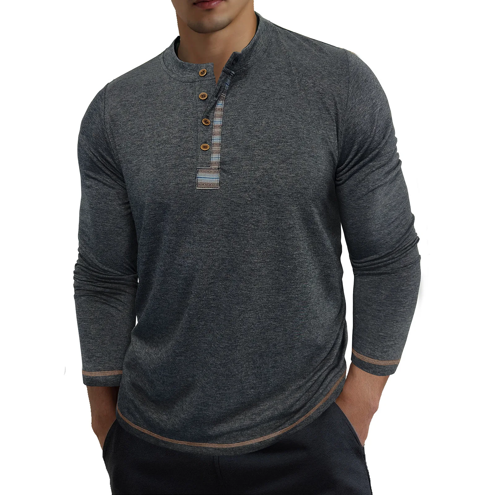 Spring Autumn New Long SLeeve Henry Collar T-Shirts Men Solid Casual Tshirt Male Pull On Sports Tees Daily Streetwear Tops Man