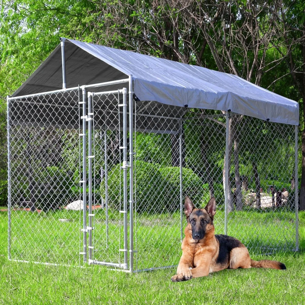 Large Outdoor Dog Kennel 10'x6'x7.65' with Roof, Heavy Duty Outside Dog Enclosure with Galvanized Chain Link, Lockable Door