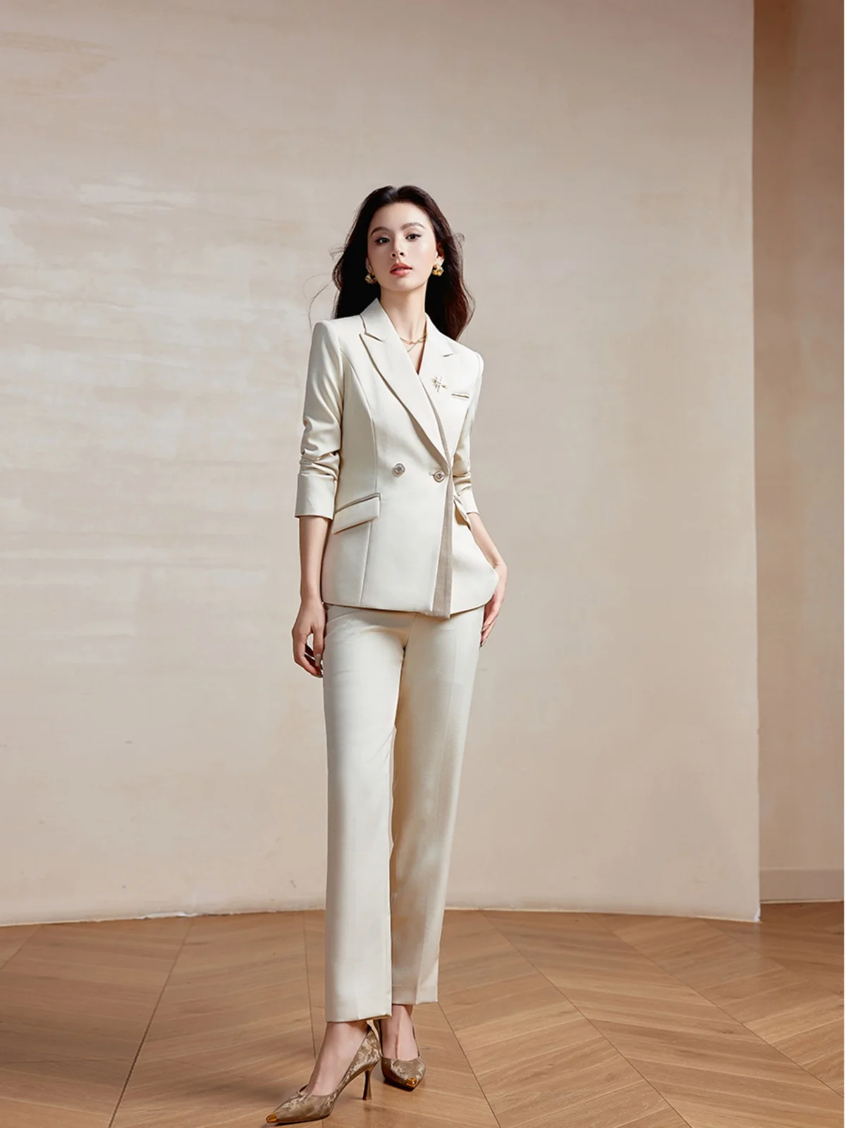 

Женский осенний новый костюм-двойка цвета хаки с пэчворком: модный деловой комплект для офиса, профессиональные брюки из полиэстера