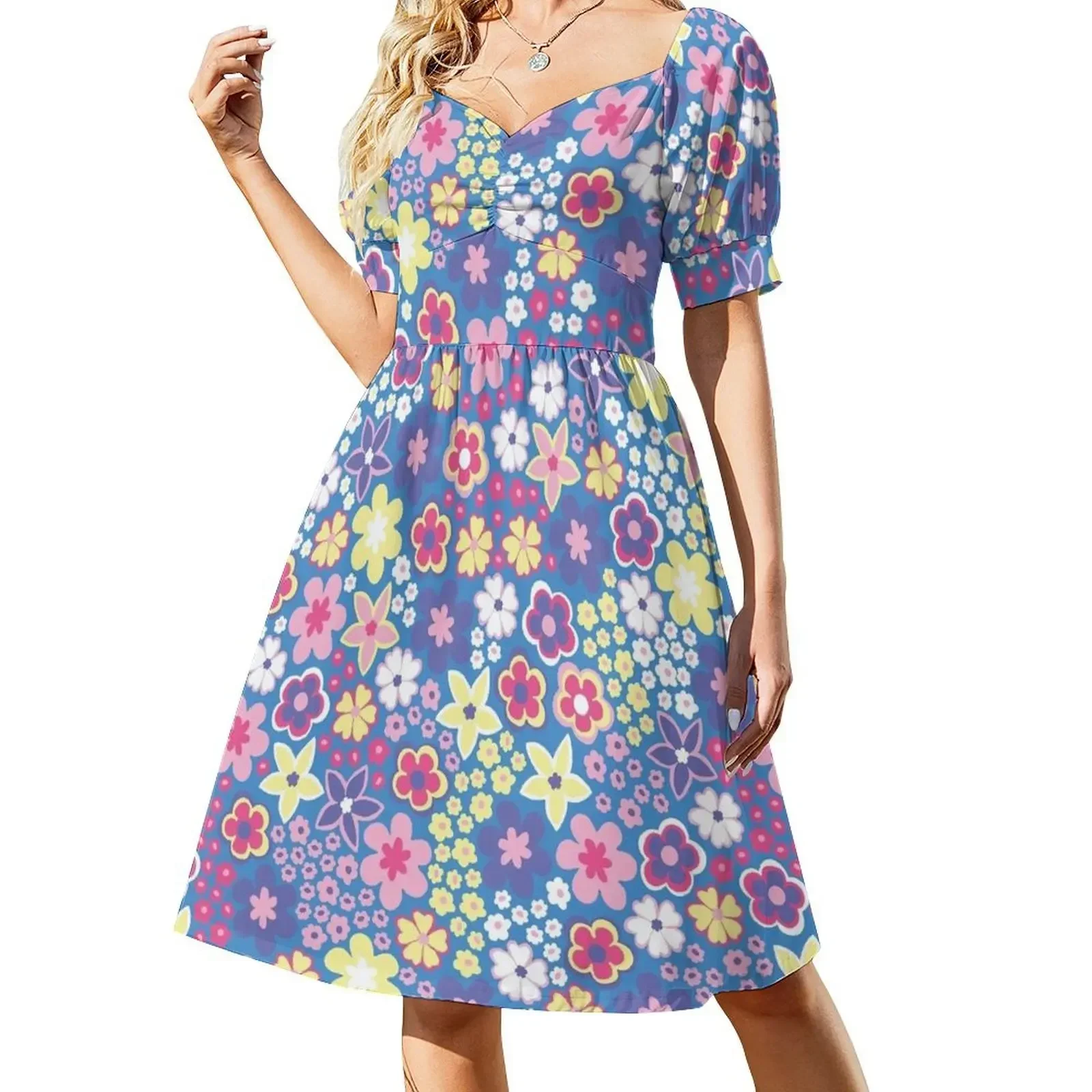 

Blue Pastel 60s retro flower power, purple, pink, pastel yellow, 60s groovy pattern, hippie flowers Short-Sleeved Dress