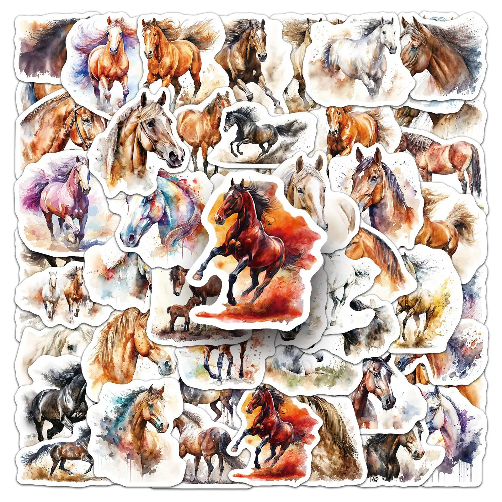 

10/30/50PCS Ink Style Cartoon Watercolor Painted Animal Horse Creative Graffiti Stickers Personalized DIY Skateboard Glasses Box