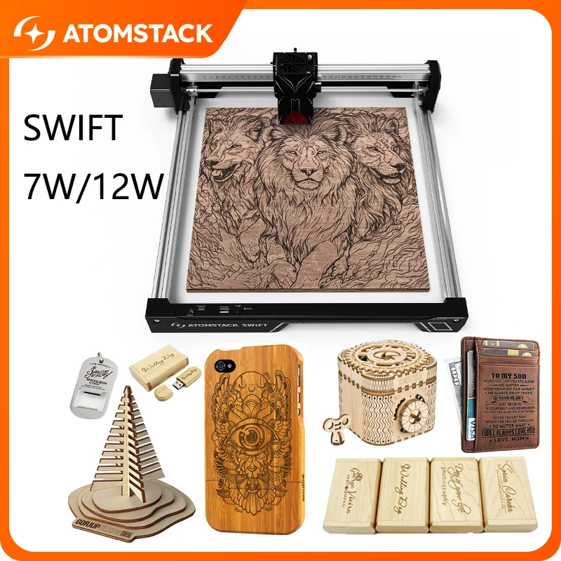 ATOMSTACK SWIFT 12W 7W Incisore laser portatile Diodo Taglio laser Incisione Tag per cani Macchina Incisione Logo Legno Metallo 300 × 300mm mr20