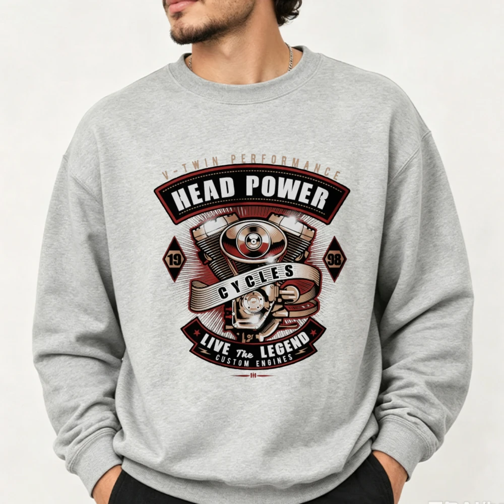 Head Power Cycles Live The Legend Motorcycle Engine Graphic Crewneck Sweatshirt Vintage Biker Print Rider Soft Casual Pullover