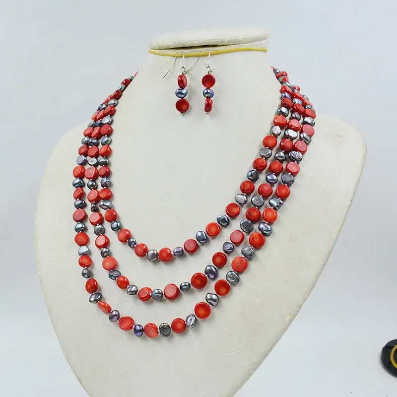 3 Rows  Natural Coral/Black Baroque Pearl Necklace Earring Set 18-23”