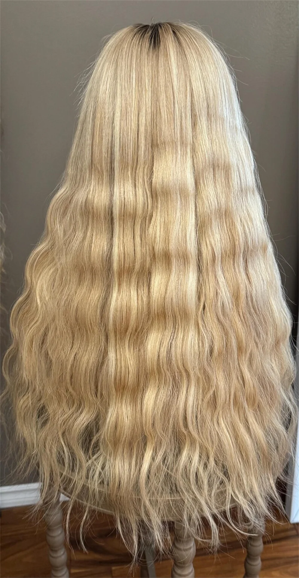 European Blonde Virgin Hair Wig Warm Blonde Brown Roots 26 Inch Loose Deep Wave Lace Front Wig Synthetic Fibre Heat Resistant