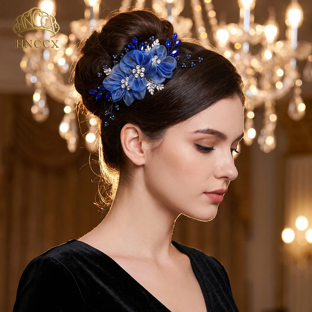 HNCCX Blue Organza Flower Hair Comb Crystal Rhinestone Side Headpiece Handmade Wedding Hair Clip Bridal Hair Accessory HP679