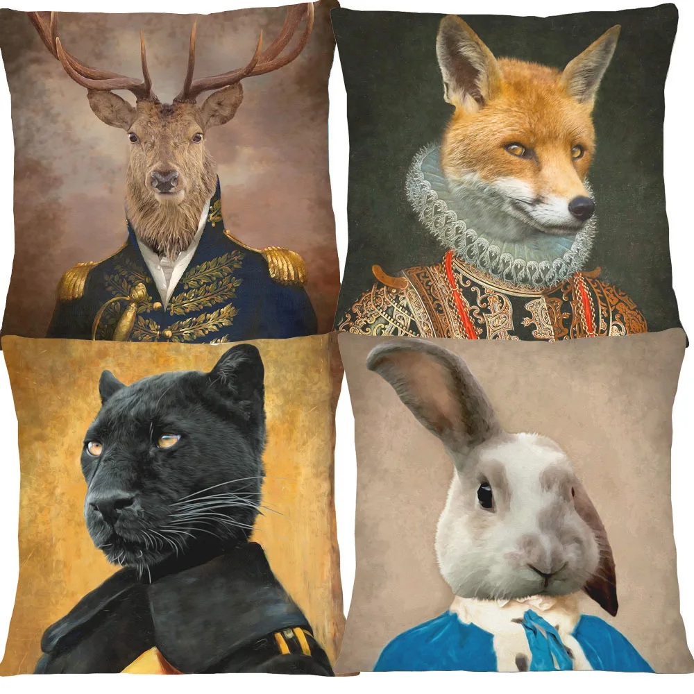 European Retro Chic Animals Stag Zebra Fox Bulldog Tiger Lion Giraffe Cheetah Cushion Cover Posters Decorative Throw Pillow Case