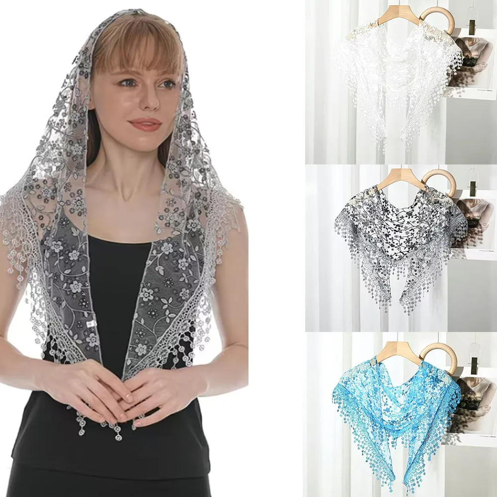 

Triangular knitted floral scarf for women, shawl with tassels, casual, classic, transparent, breathable, sun protector