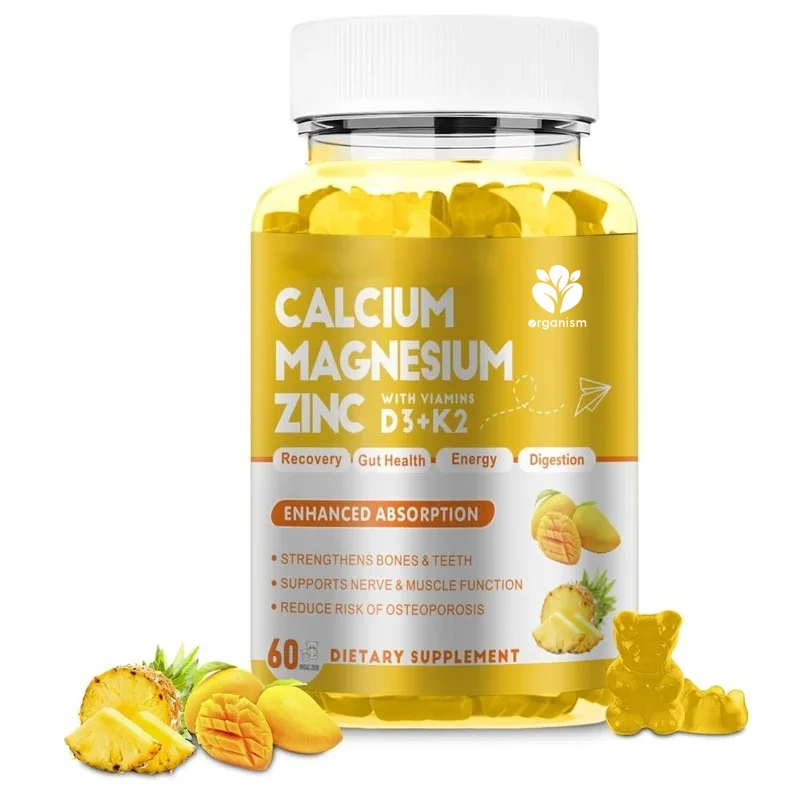 

Calcium magnesium zinc gummies containing vitamin D3 and K2, used for bone and immune support, 60 Mango Gummies