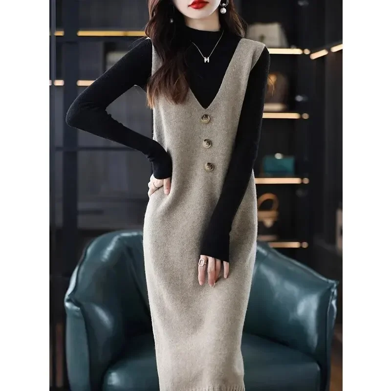 Loose Knitted Vest Women Outdoor Wear 2024 Fall Winter Medium Length Sleeveless Woolen Skirt Adults Solid Color Versatile Tops