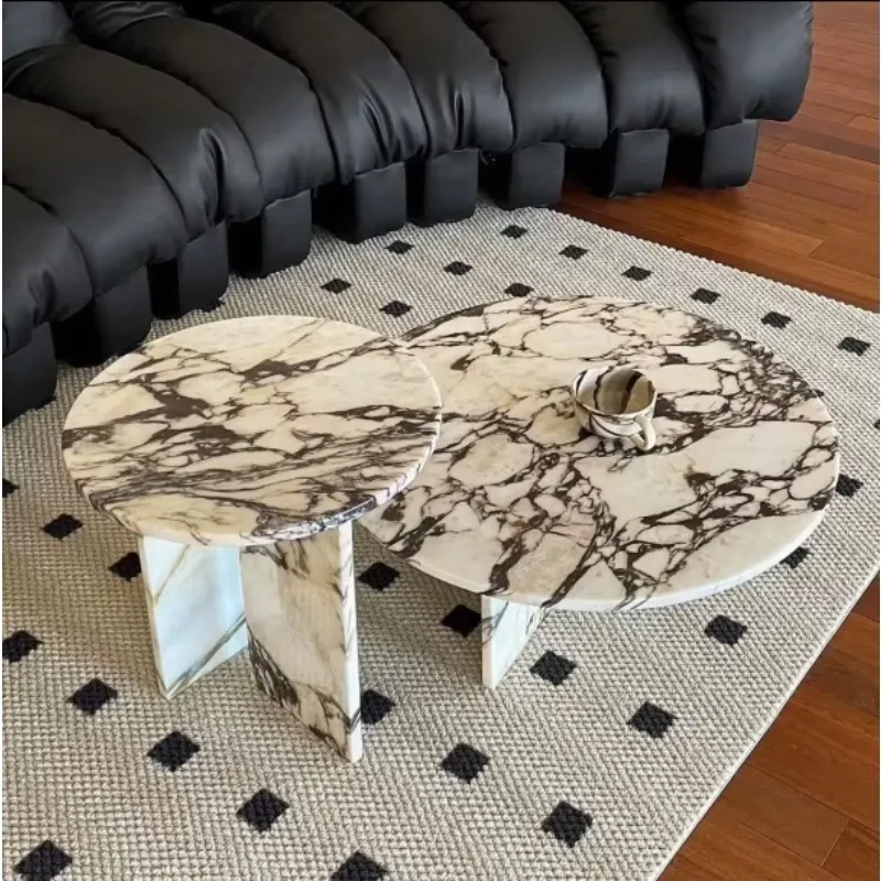 Modern Durable Movable Marble Coffee Table Set White Marble Pattern Two Round Combination for Living Room