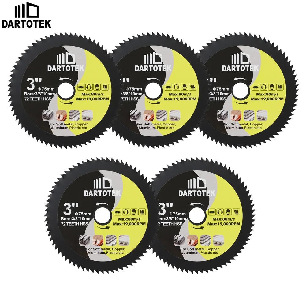 DARTOTEK 75mm HSS Metal Cutting Disc Circular Saw Blade Set For Cutting Soft Metal Copper Wood Plastic 3Inch Mini Disc Cutter