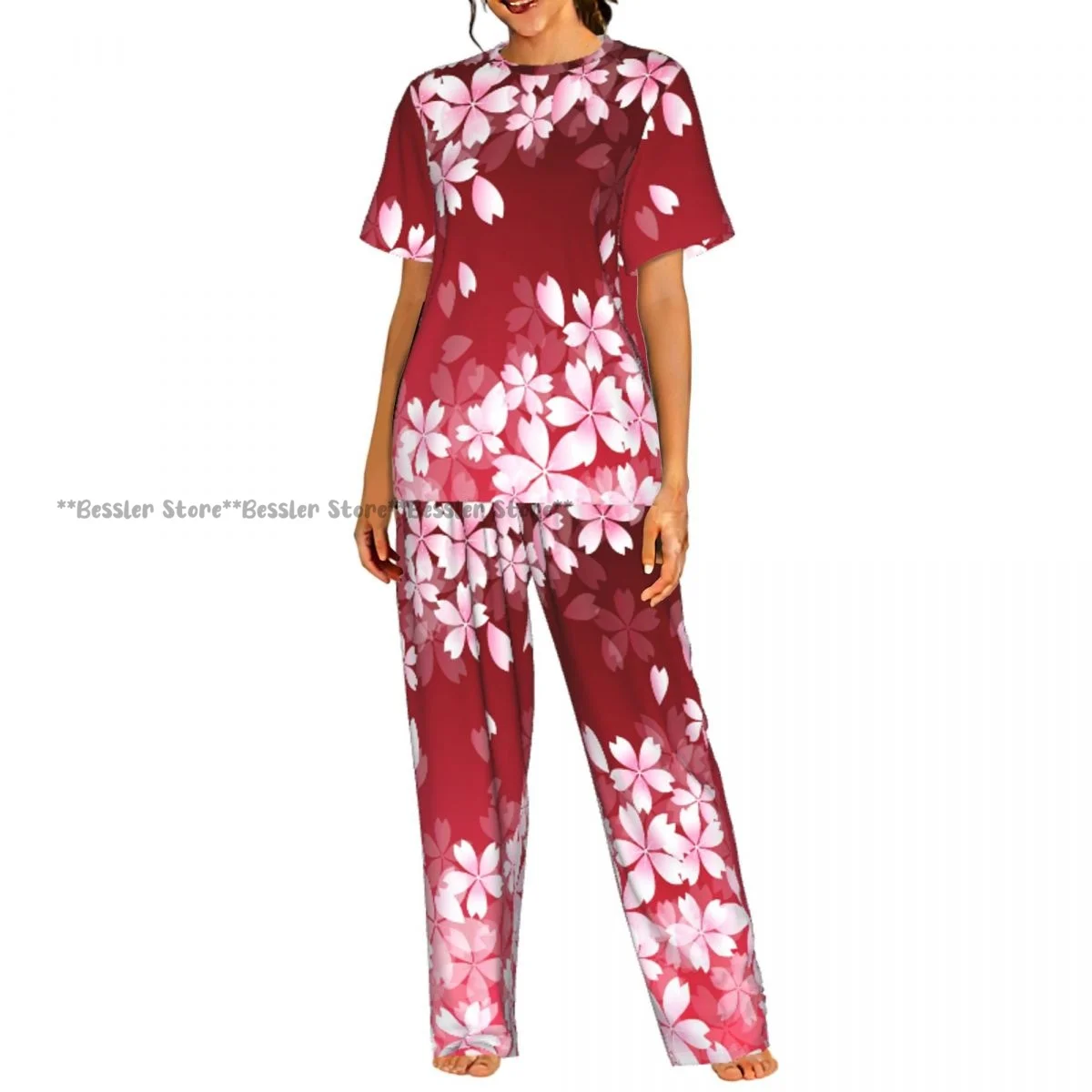 Conjunto de 2 piezas para mujer, pijama con estampado de flores de cerezo, top de manga corta y pantalones, ropa de dormir