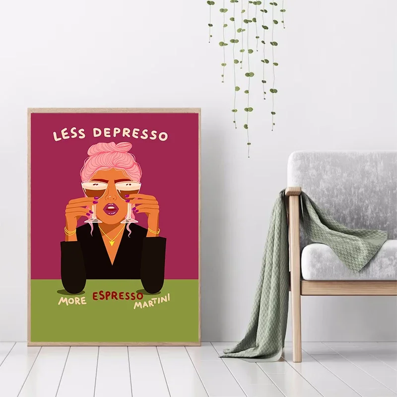 مثير فتاة شرب النبيذ أكثر اسبريسو أقل ديبرسو تحفيزية إقتباس ملصق الرسم على لوحات القماش الجدارية يطبع جدار ديكور المنزل #3