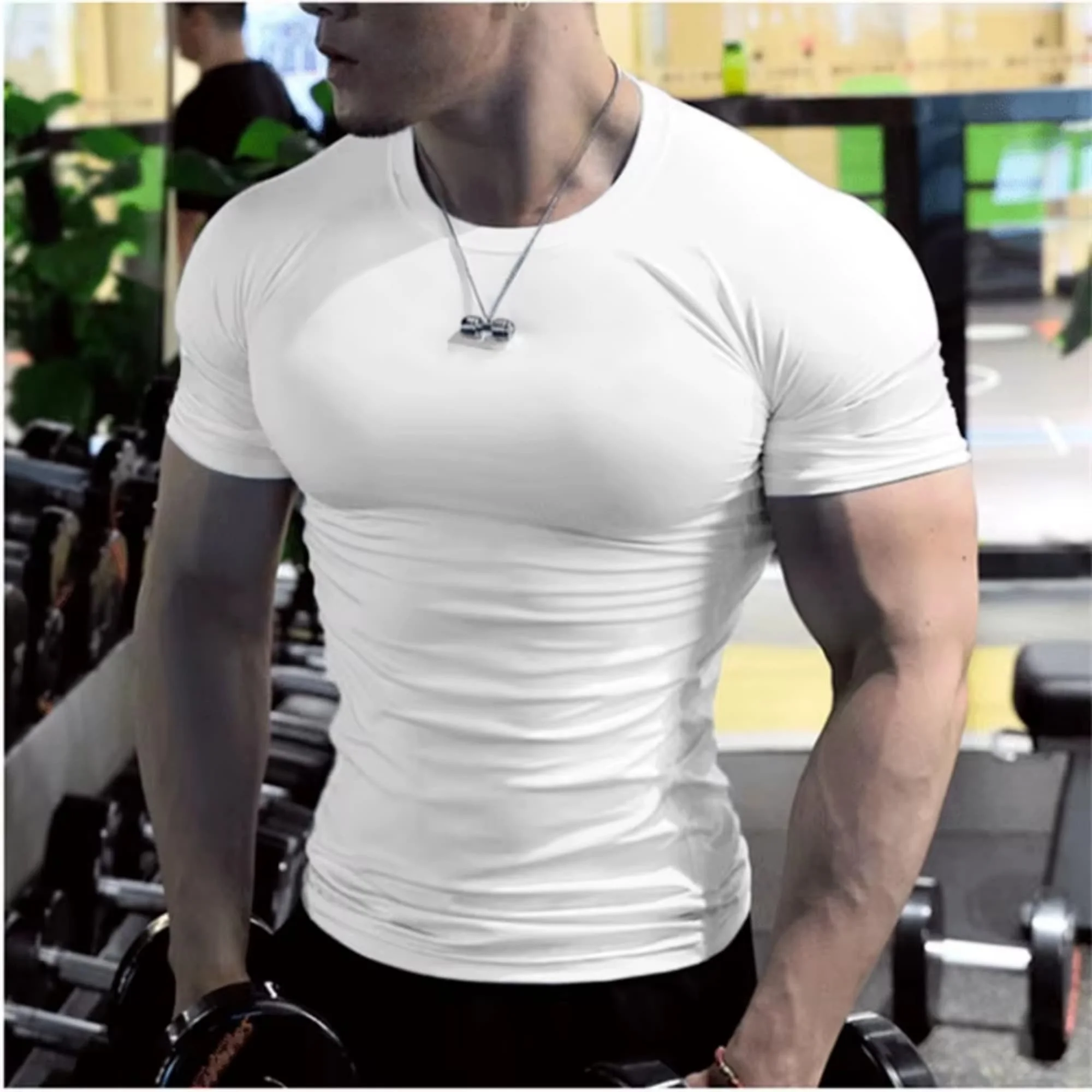 Summer Mens Solid Color Running Compression Shirt Breathable Quick Dry Short Sleeve Tee Athletic Jogging Gym Muscle Fit Top